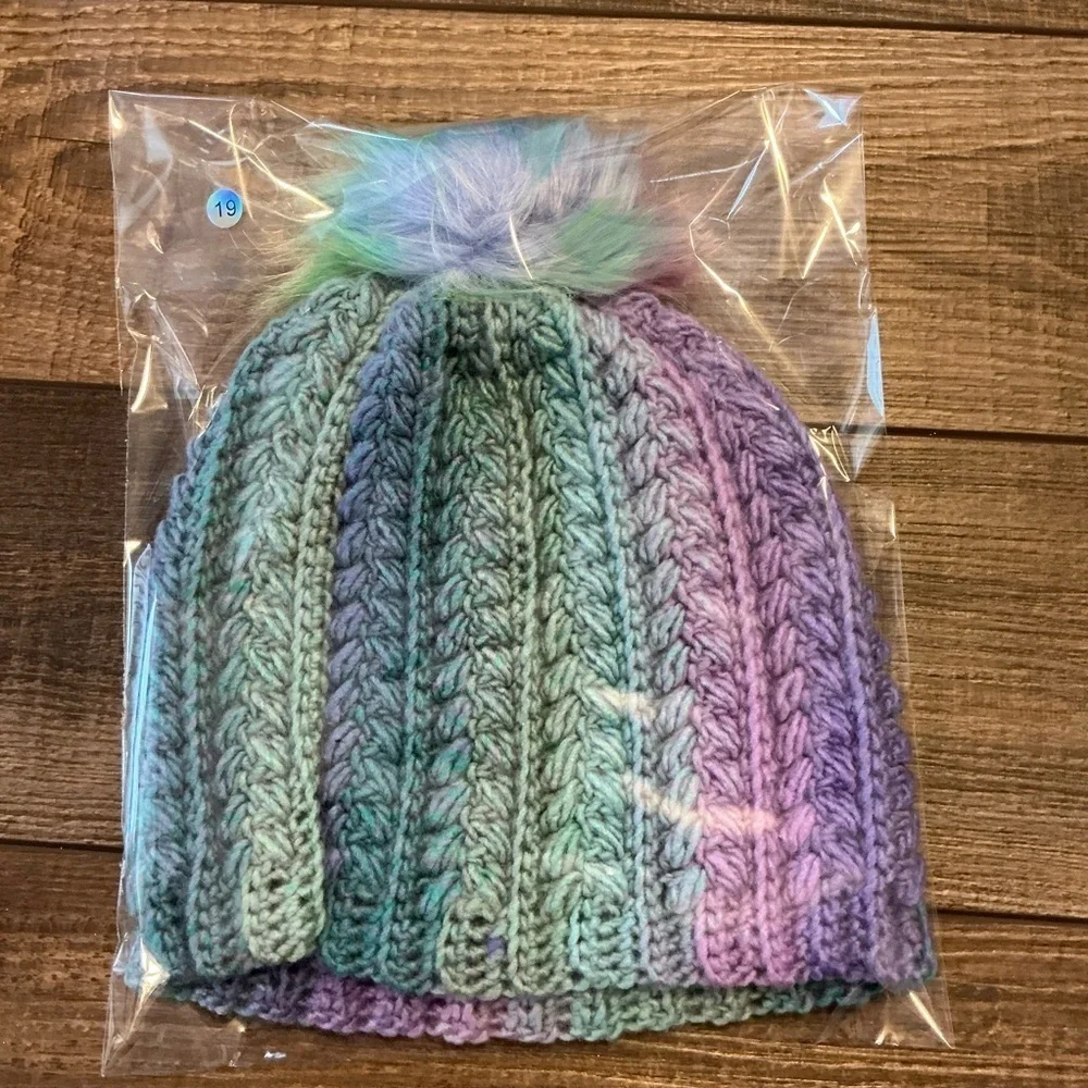 Handcrafted Crochet Winter Hat Blue Purple Snowy Wheat Knit Beanie with Pom Pom